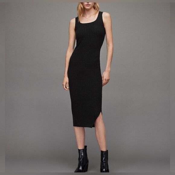 All Saints NWT Margot Sleeveless Bodycon Ribbed Midi Dress Black Sz Small - Picture 1 of 9